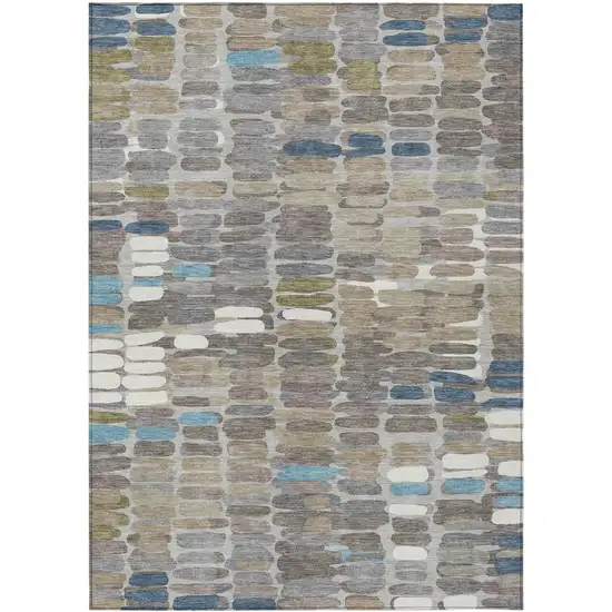 Taupe Ivory And Blue Abstract Washable Indoor Outdoor Area Rug Photo 2