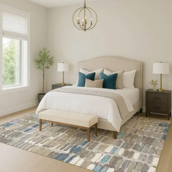 Taupe Ivory And Blue Abstract Washable Indoor Outdoor Area Rug Photo 9