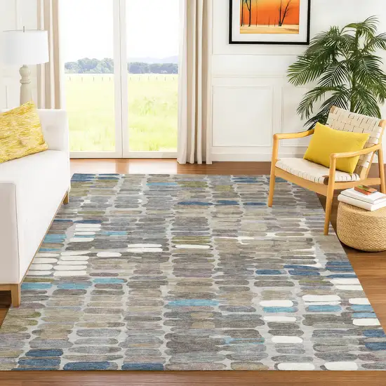 Taupe Ivory And Blue Abstract Washable Indoor Outdoor Area Rug Photo 9