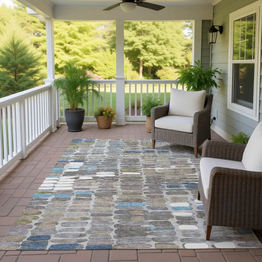 Taupe Ivory And Blue Abstract Washable Indoor Outdoor Area Rug Photo 9