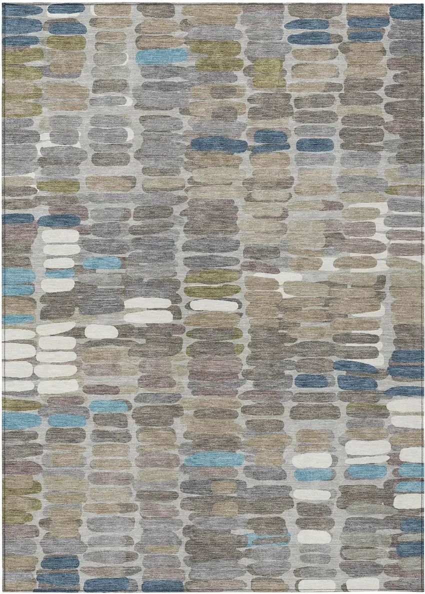 Taupe Ivory And Blue Abstract Washable Indoor Outdoor Area Rug Photo 2