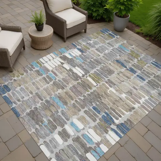 Taupe Ivory And Blue Abstract Washable Indoor Outdoor Area Rug Photo 7