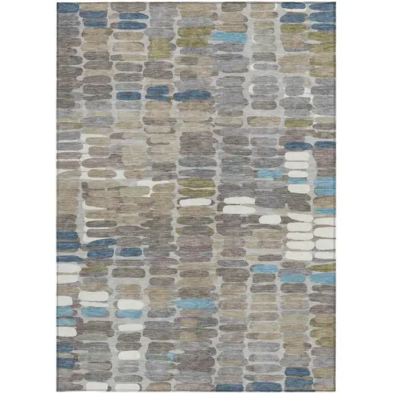 Taupe Ivory And Blue Abstract Washable Indoor Outdoor Area Rug Photo 5