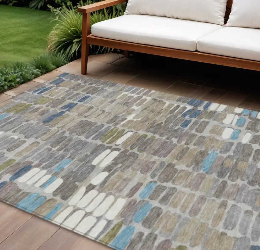Taupe Ivory And Blue Abstract Washable Indoor Outdoor Area Rug Photo 1