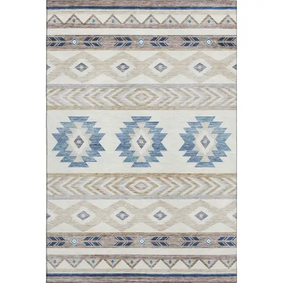 Taupe Ivory And Blue Geometric Washable Area Rug With UV Protection Photo 1