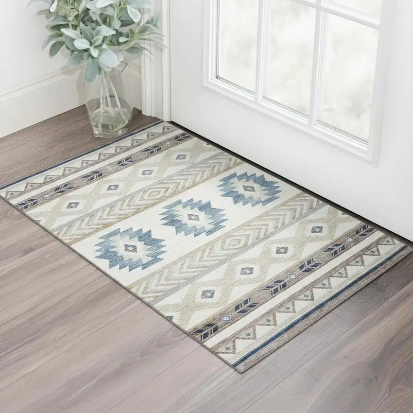 Taupe Ivory And Blue Geometric Washable Area Rug With UV Protection Photo 1