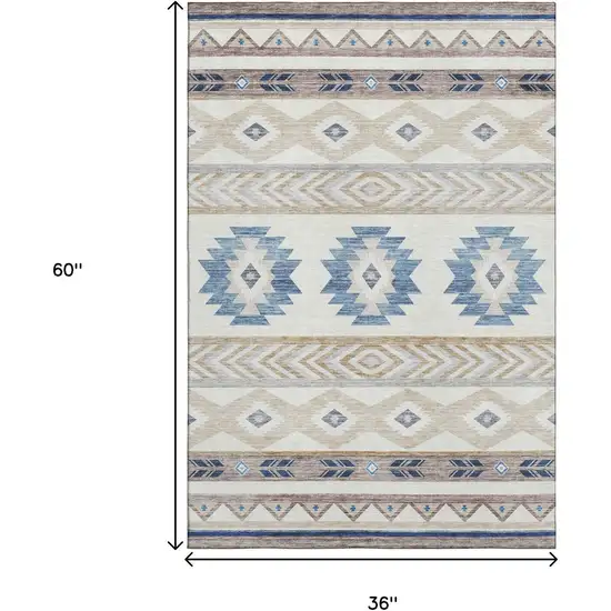 Taupe Ivory And Blue Geometric Washable Area Rug With UV Protection Photo 3
