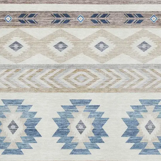 Taupe Ivory And Blue Geometric Washable Area Rug With UV Protection Photo 3
