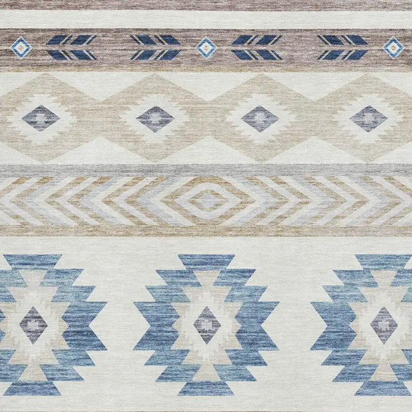 Taupe Ivory And Blue Geometric Washable Area Rug With UV Protection Photo 3
