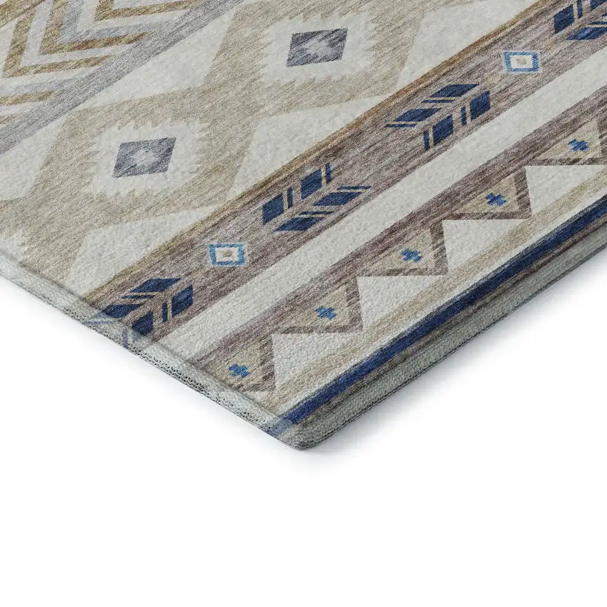Taupe Ivory And Blue Geometric Washable Area Rug With UV Protection Photo 8