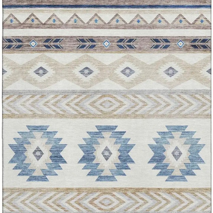 Taupe Ivory And Blue Geometric Washable Area Rug With UV Protection Photo 4