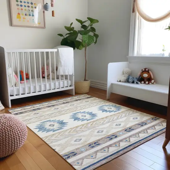 Taupe Ivory And Blue Geometric Washable Area Rug With UV Protection Photo 5