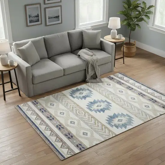 Taupe Ivory And Blue Geometric Washable Area Rug With UV Protection Photo 1