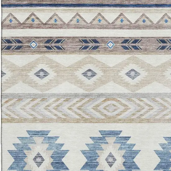 Taupe Ivory And Blue Geometric Washable Area Rug With UV Protection Photo 3