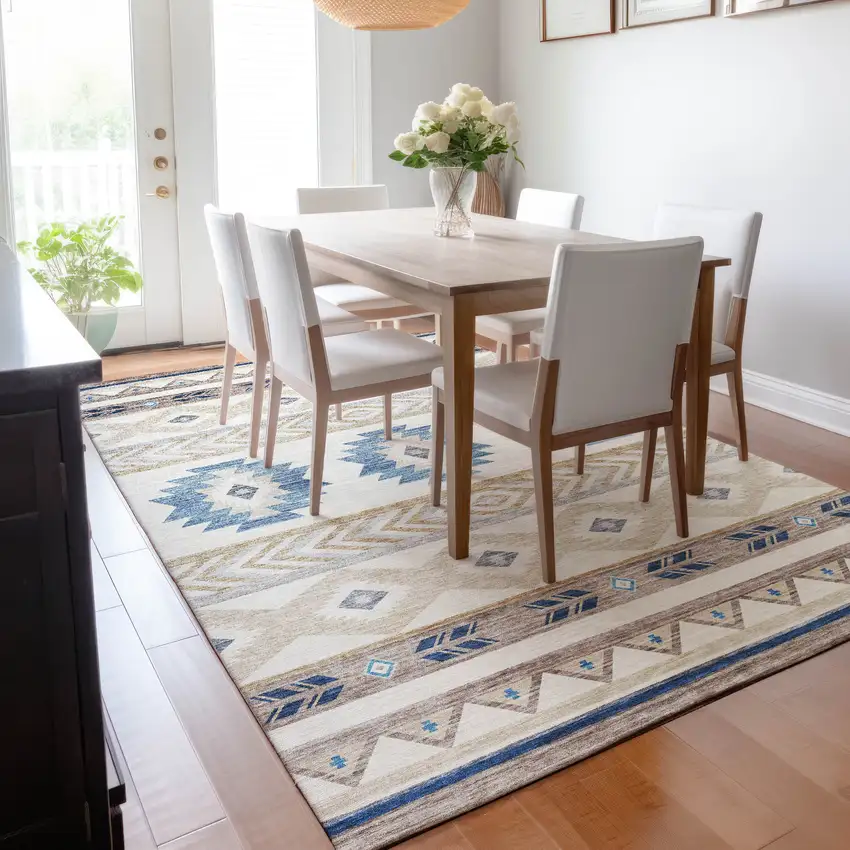 Taupe Ivory And Blue Geometric Washable Area Rug With UV Protection Photo 7