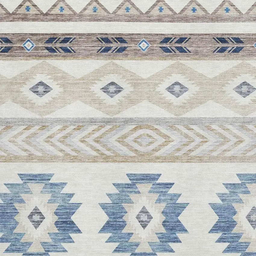Taupe Ivory And Blue Geometric Washable Area Rug With UV Protection Photo 5