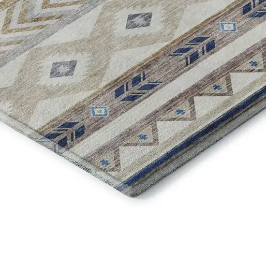 Taupe Ivory And Blue Geometric Washable Area Rug With UV Protection Photo 9