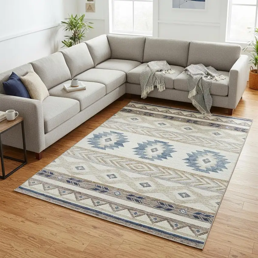 Taupe Ivory And Blue Geometric Washable Area Rug With UV Protection Photo 1