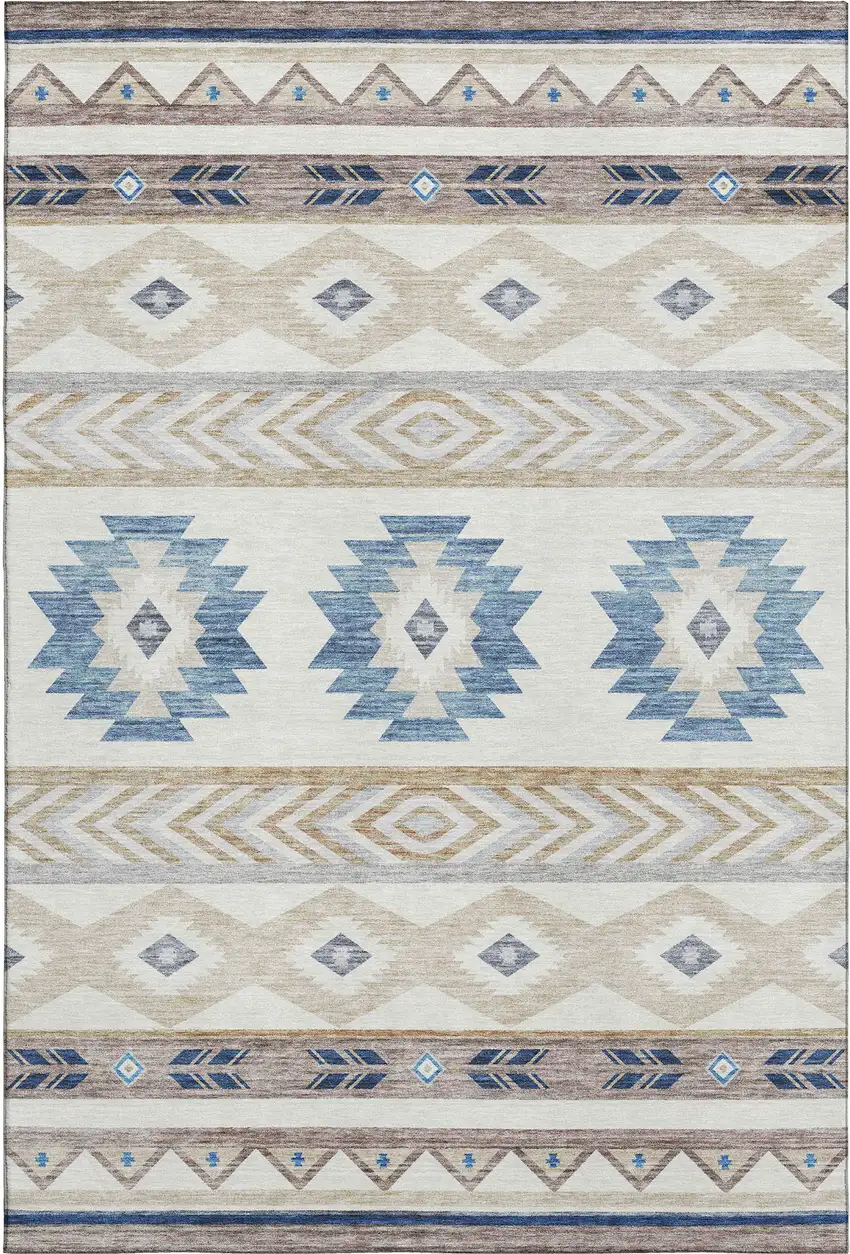 Taupe Ivory And Blue Geometric Washable Area Rug With UV Protection Photo 2