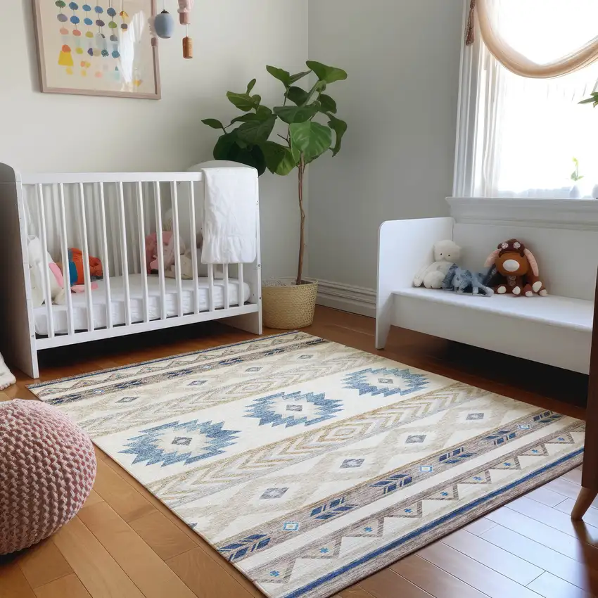 Taupe Ivory And Blue Geometric Washable Area Rug With UV Protection Photo 6