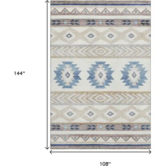 Taupe Ivory And Blue Geometric Washable Area Rug With UV Protection Photo 3