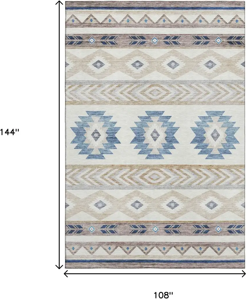 Taupe Ivory And Blue Geometric Washable Area Rug With UV Protection Photo 3