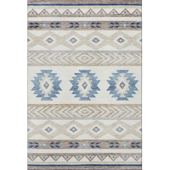 Taupe Ivory And Blue Geometric Washable Area Rug With UV Protection Photo 4