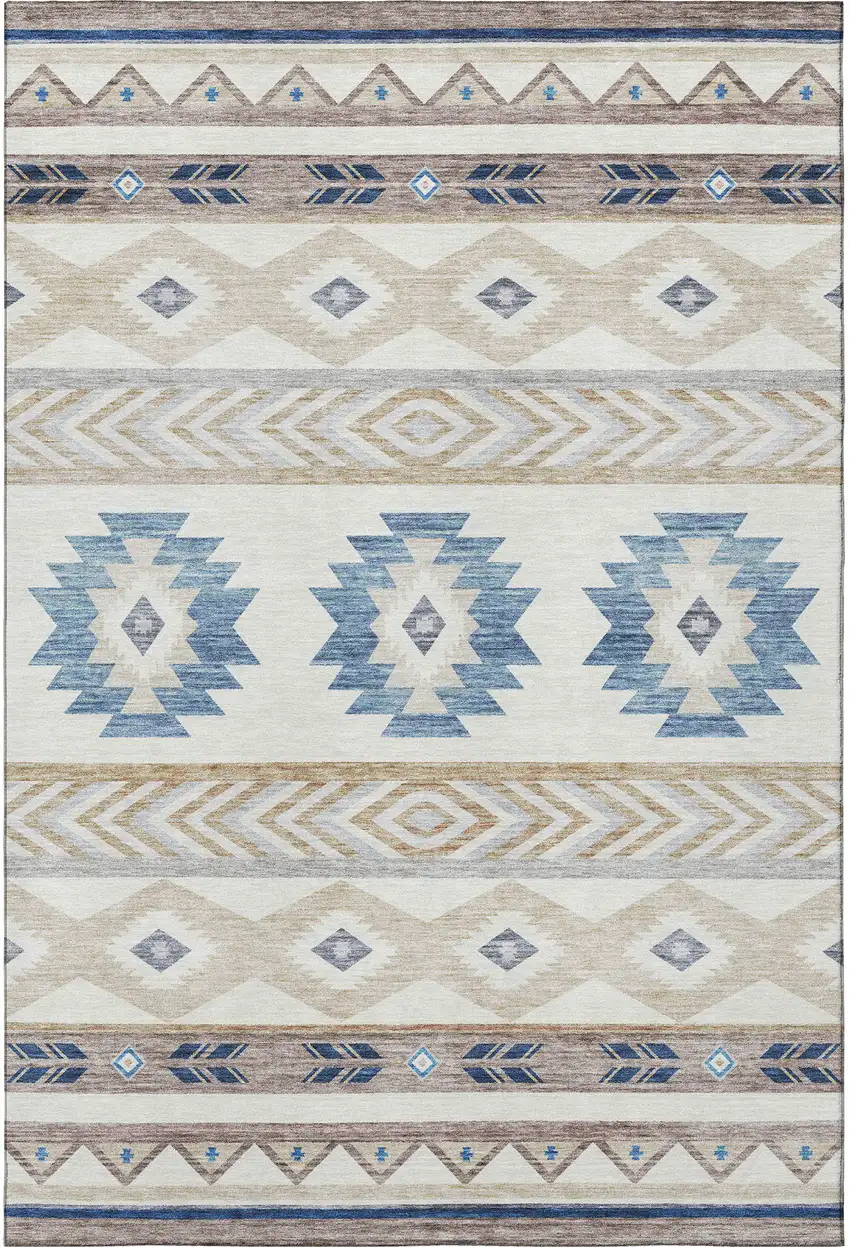 Taupe Ivory And Blue Geometric Washable Area Rug With UV Protection Photo 4
