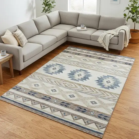 Taupe Ivory And Blue Geometric Washable Area Rug With UV Protection Photo 1