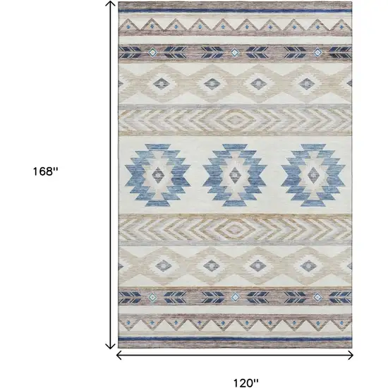 Taupe Ivory And Blue Geometric Washable Area Rug With UV Protection Photo 3