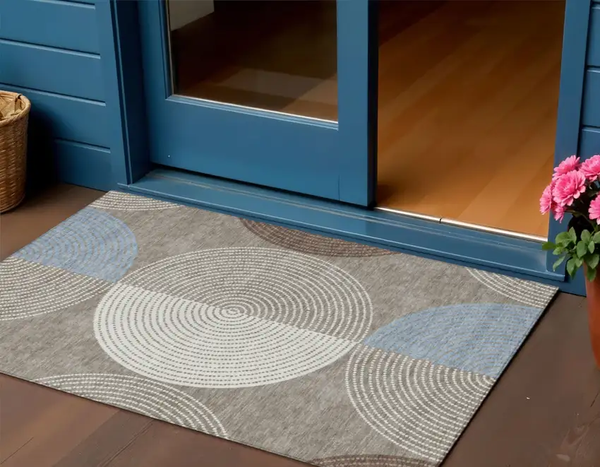Taupe Ivory And Blue Geometric Washable Indoor Outdoor Area Rug Photo 1
