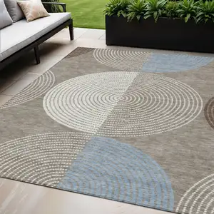 Photo of Taupe Ivory And Blue Geometric Washable Indoor Outdoor Area Rug