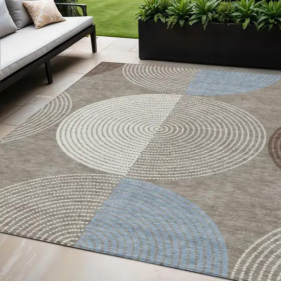 Taupe Ivory And Blue Geometric Washable Indoor Outdoor Area Rug Photo 1