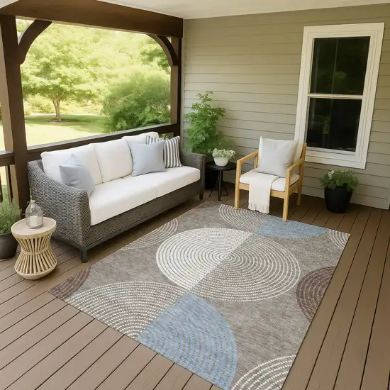 Taupe Ivory And Blue Geometric Washable Indoor Outdoor Area Rug Photo 9