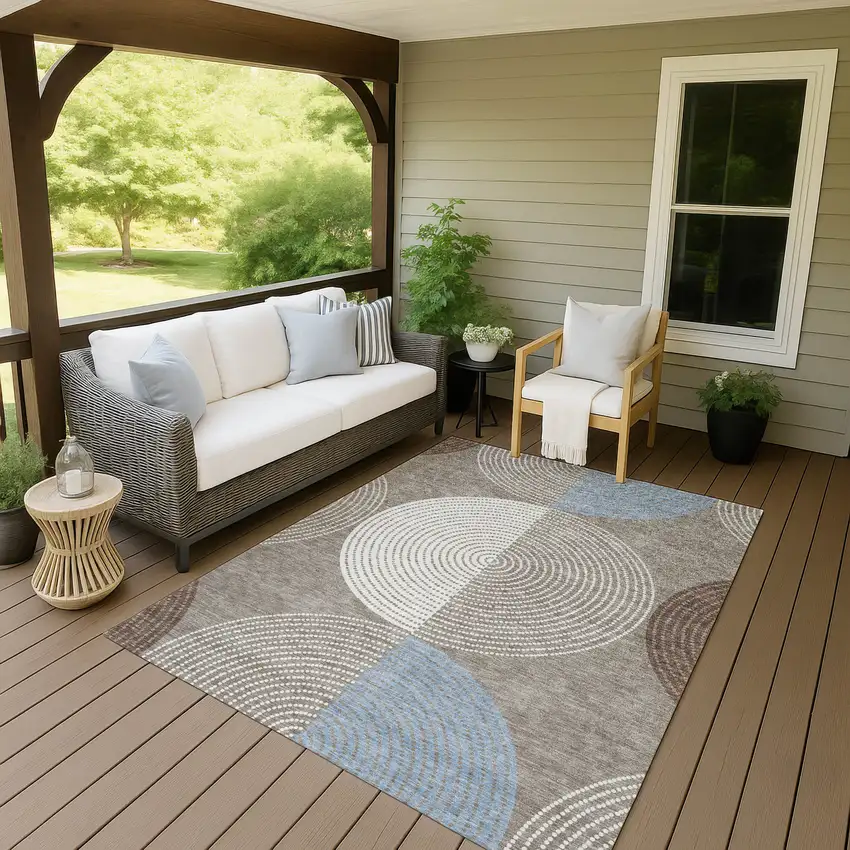 Taupe Ivory And Blue Geometric Washable Indoor Outdoor Area Rug Photo 9