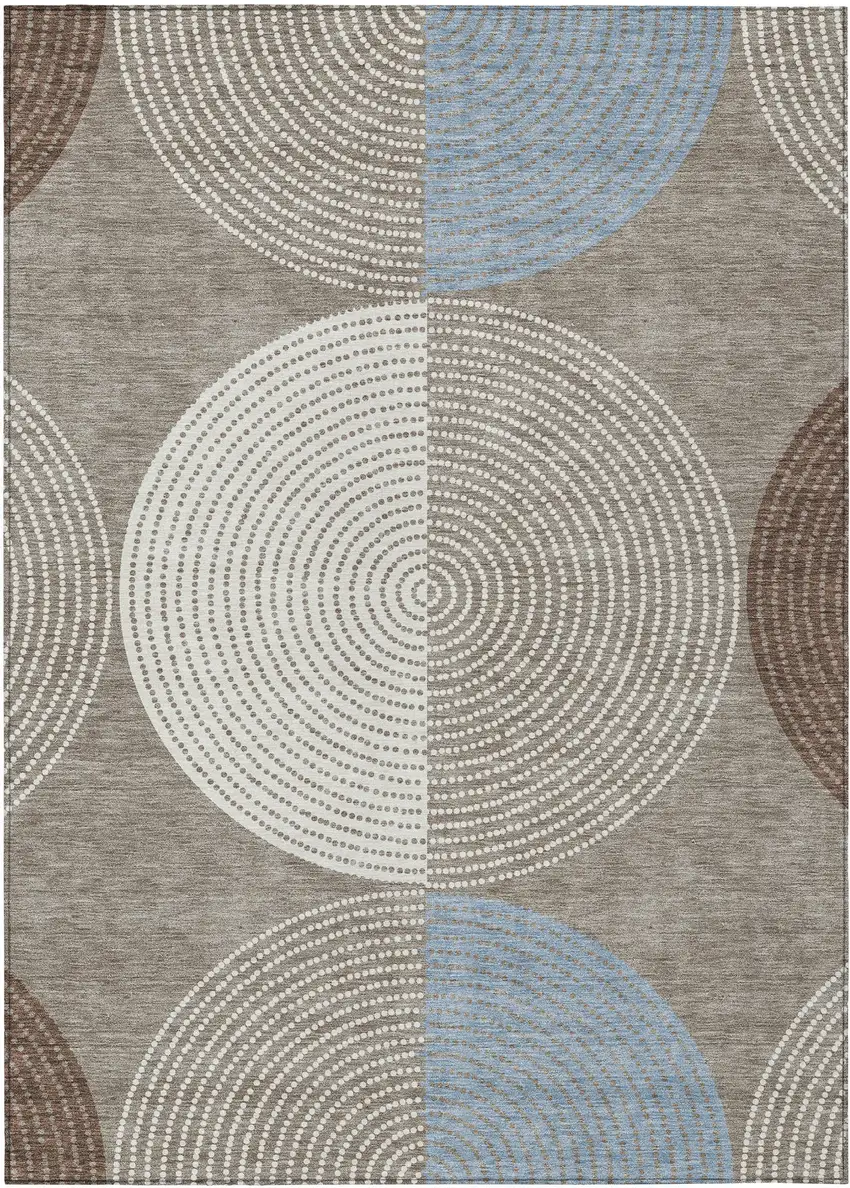 Taupe Ivory And Blue Geometric Washable Indoor Outdoor Area Rug Photo 2