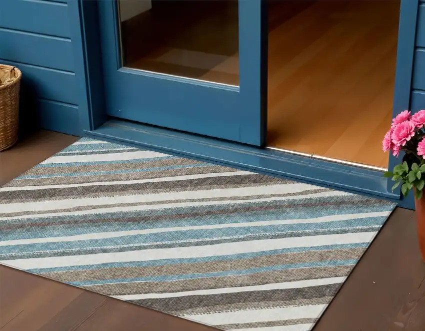 Taupe Ivory And Blue Striped Washable Indoor Outdoor Area Rug Photo 1