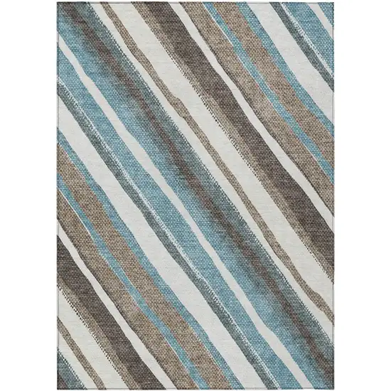 Taupe Ivory And Blue Striped Washable Indoor Outdoor Area Rug Photo 2