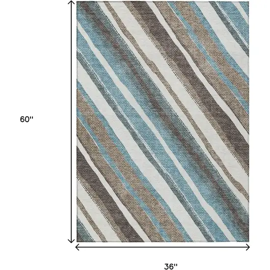 Taupe Ivory And Blue Striped Washable Indoor Outdoor Area Rug Photo 3