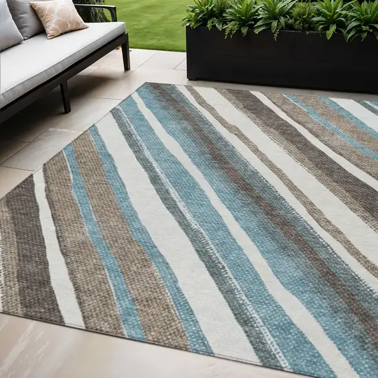 Taupe Ivory And Blue Striped Washable Indoor Outdoor Area Rug Photo 1