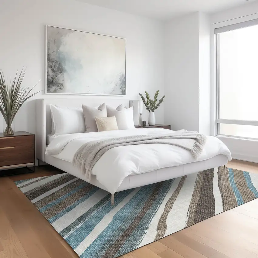 Taupe Ivory And Blue Striped Washable Indoor Outdoor Area Rug Photo 9