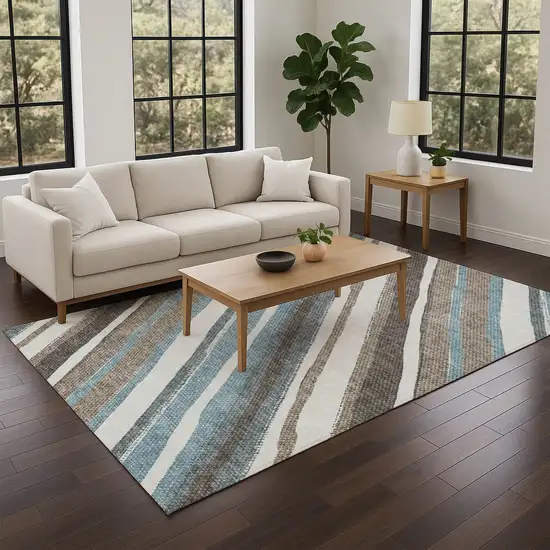 Taupe Ivory And Blue Striped Washable Indoor Outdoor Area Rug Photo 8