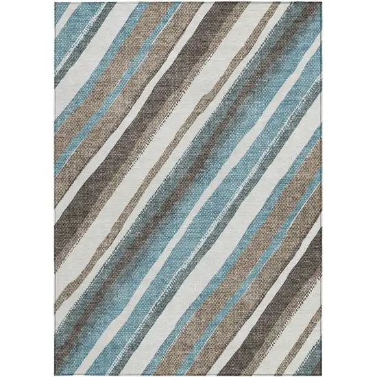 Taupe Ivory And Blue Striped Washable Indoor Outdoor Area Rug Photo 4