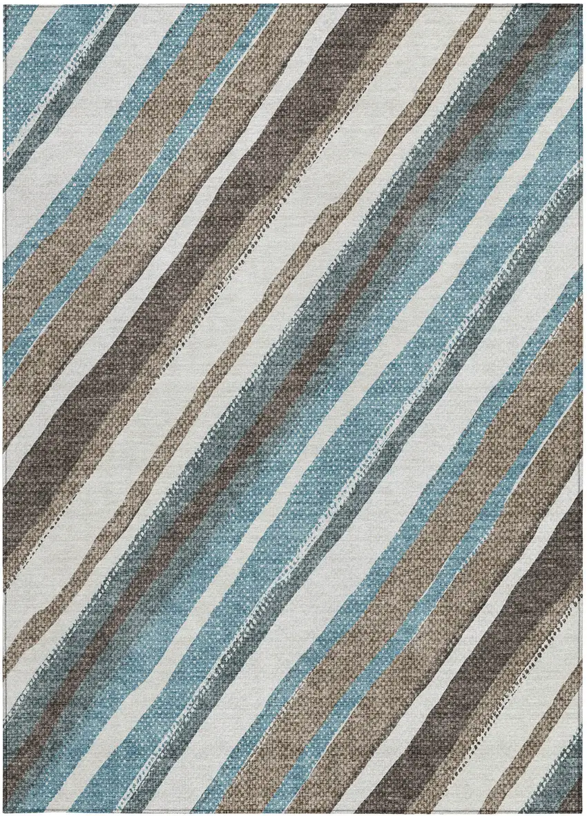 Taupe Ivory And Blue Striped Washable Indoor Outdoor Area Rug Photo 4