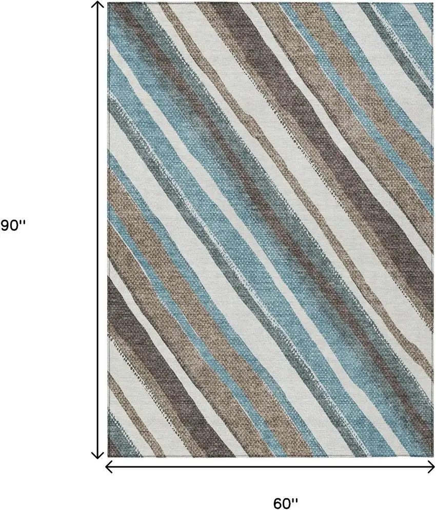 Taupe Ivory And Blue Striped Washable Indoor Outdoor Area Rug Photo 3