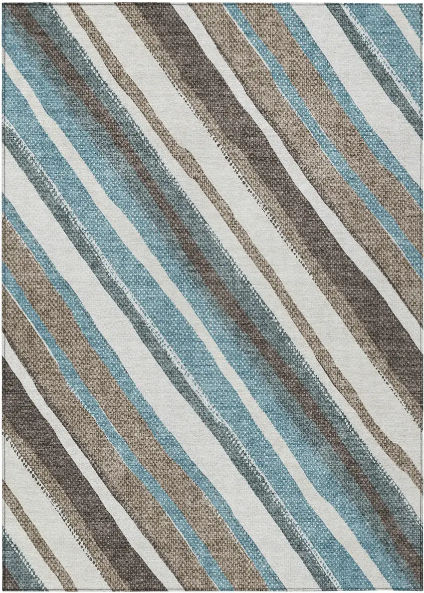 Taupe Ivory And Blue Striped Washable Indoor Outdoor Area Rug Photo 2