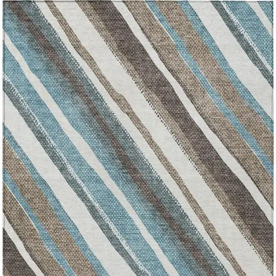 Taupe Ivory And Blue Striped Washable Indoor Outdoor Area Rug Photo 6