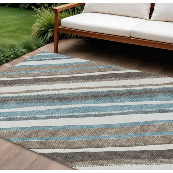 Taupe Ivory And Blue Striped Washable Indoor Outdoor Area Rug Photo 1