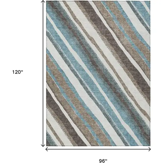 Taupe Ivory And Blue Striped Washable Indoor Outdoor Area Rug Photo 3
