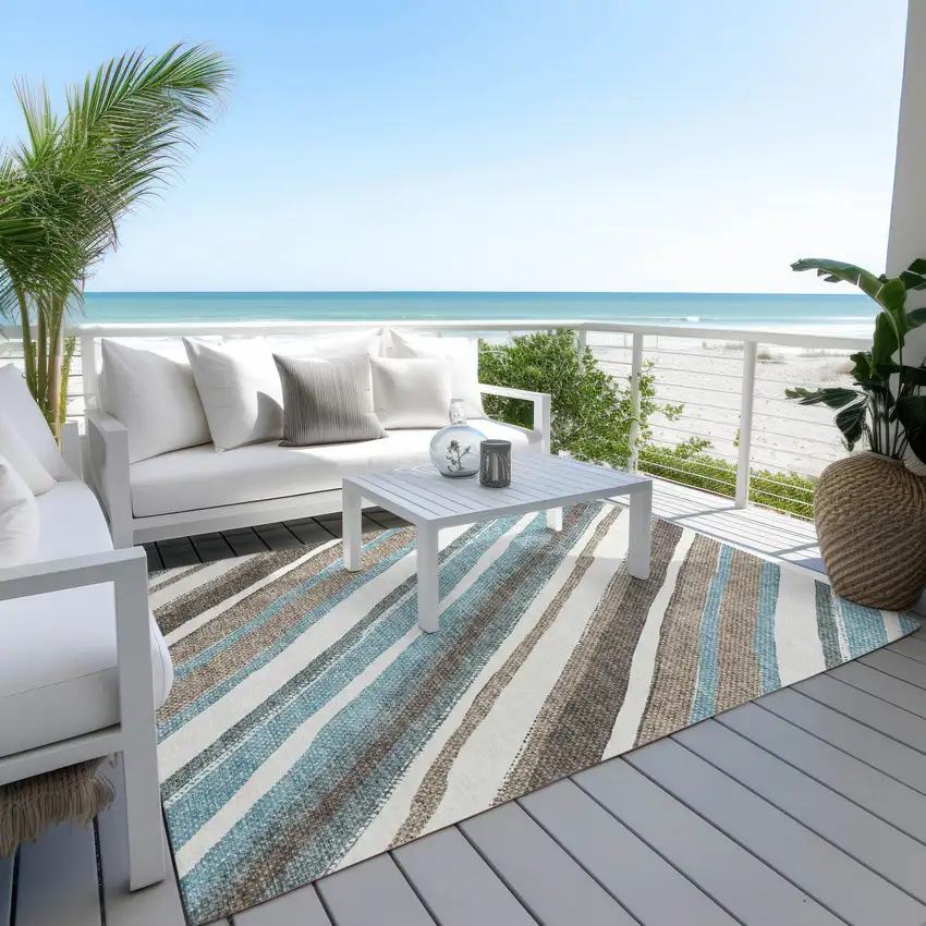 Taupe Ivory And Blue Striped Washable Indoor Outdoor Area Rug Photo 9